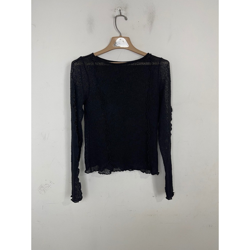 Black Sheer Open Knit Long Sleeve Top Lettuce Edge Seam Detail Women Small